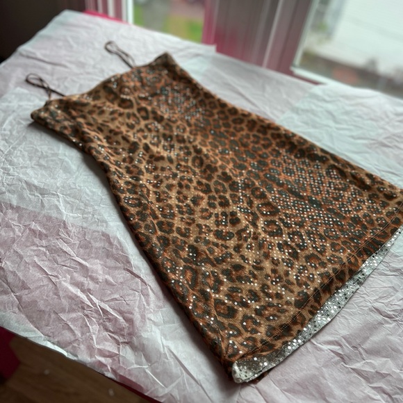 EUC VTG 80s leopard sequin slip dress S dbl layer spaghetti straps sheer silver - Picture 8 of 13